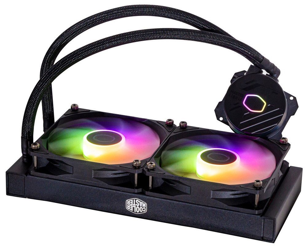 Vodný chladič Cooler Master MasterLiquid ML240L Core ARGB Fotografie vodného chladiča so zapnutými ARGB ventilátormi. Dve hadice a pumpa s medenou podložkou.