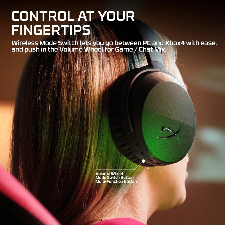 Headset HyperX CloudX Stinger 3 Wireless for Xbox čierny Ovládanie hlasitosti a prepínanie režimu priamo na mušliach headsetu HyperX CloudX Stinger 3 Wireless