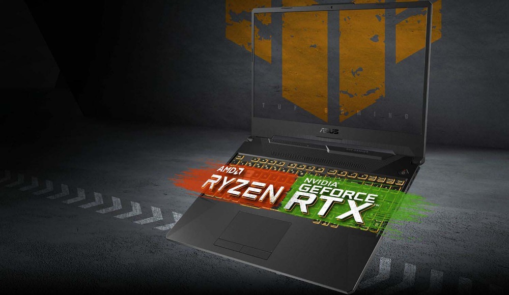 Notebook Asus TUF Gaming A15 čierny Herný notebook s elegantným dizajnom zdobia výrazné logá: AMD Ryzen v červenej farbe a NVIDIA GeForce RTX v zelenej farbe na priemyselnom pozadí.