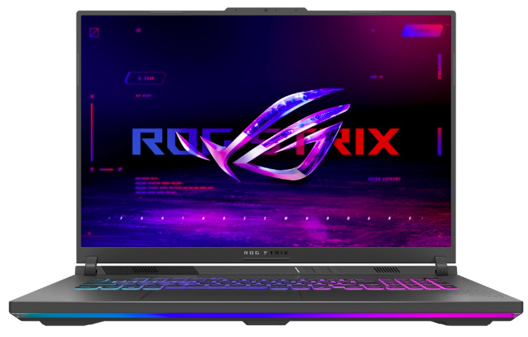Notebook Asus ROG Strix G18 sivý Čelný pohľad na notebook Asus ROG Strix G18 s 18" displejom a RGB osvetlením šasi