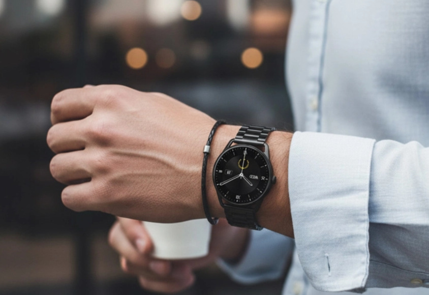 Inteligentné hodinky Aligator Watch AMOLED PRO čierne Obrázok hodiniek na pánskom zápästí.
