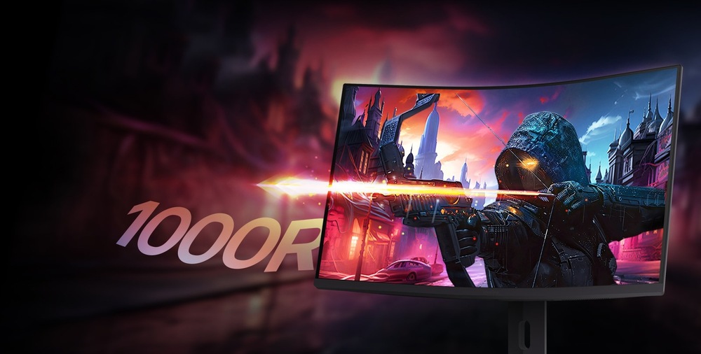 Herný monitor LG UltraGear 32G600A-B čierny Zakrivený monitor zobrazujúci živú akčnú scénu lukostrelca v kapucni vo fantasknej mestskej krajine. Vľavo sa zobrazuje text „1000R“, ktorý zdôrazňuje úroveň prehnutia obrazovky.