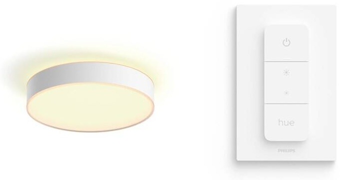 Stropné svietidlo Philips Hue Enrave M v bielej farbe s ovládačom Hue Dimmer Switch V2 na stene