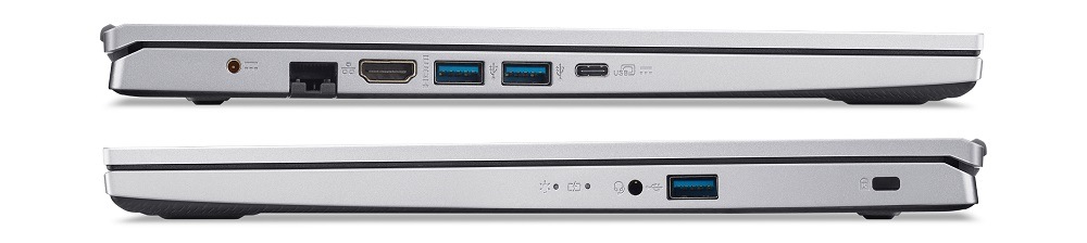Zatvorený notebook Acer Aspire Go 15 (AG15-42P-R7KD) z oboch profilov s portovou výbavou