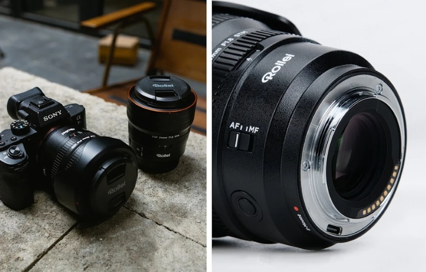 Fotoaparát s objektívom Rollei 24 mm AF f/1.8 a detail kovovej upevňovacej časti objektívu