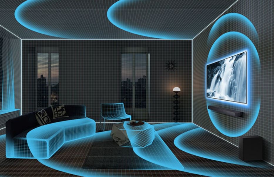 Soundbar Samsung HW-Q800H čierny technológia SpaceFit Sound Pre soundbar Samsung umožňuje skenovať miestnosť, v ktorej sa soundbar nachádza, aby zvuk prispôsobil presne pre dany priestor. Televízia visí na stene av miestnosti je gauč, okná, kreslo, stôl.