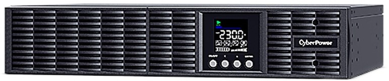 Záložný zdroj CyberPower Professional Advanced OnLine S 2000VA/1800W,2U čierny Na obrázku je predný panel rackového UPS CyberPower v čiernom 2U prevedení. Väčšinu plochy zaberá ventilačná mriežka, uprostred je malý LCD displej s hodnotou 230,0 a pod ním štyri okrúhle ovládacie tlačidlá. Vpravo je logo CyberPower a celé zariadenie pôsobí profesionálne a robustne.