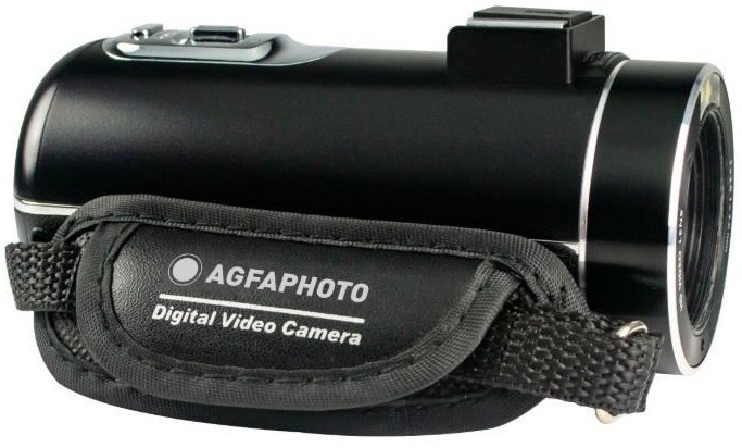 Videokamera AgfaPhoto Realimove CC2700 čierna Videokamera AgfaPhoto CC2700 s pútkom na ruku a logom značky na objektíve.
