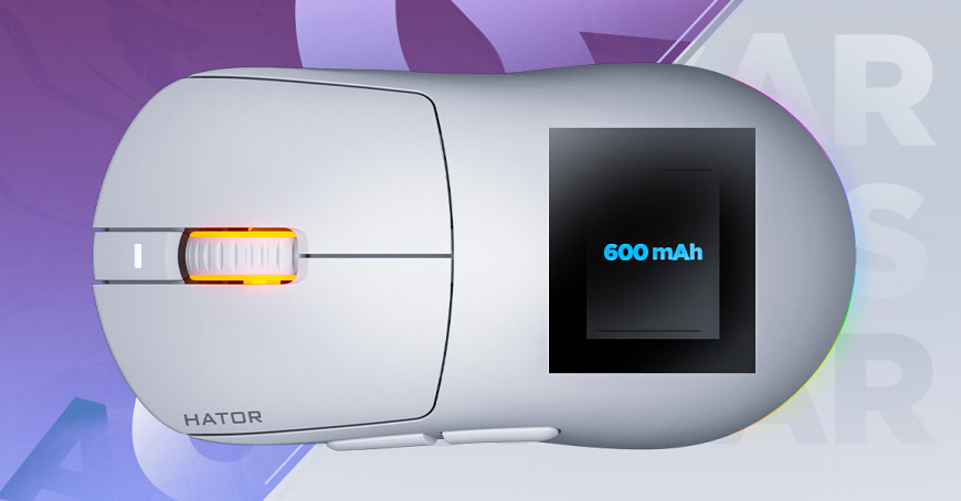Myš HATOR Quasar 3 čierna Pohľad zhora na HATOR Quasar 3 Wireless vedľa symbolu batérie s označením 600 mAh