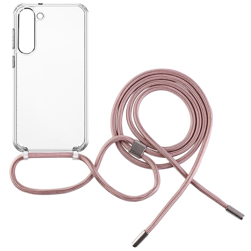 Kryt na mobil FIXED Pure Neck s ružovou šnúrkou na krk na Samsung Galaxy S23+ priehľadný