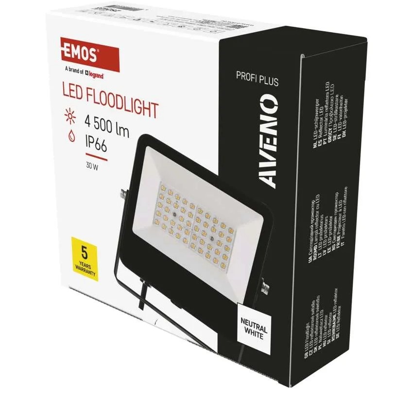 Reflektor EMOS AVENO, 30W, 4500lm, neutrálna biela čierny LED REFLEKTOR AVENO 30W 4500LM IP66 NW