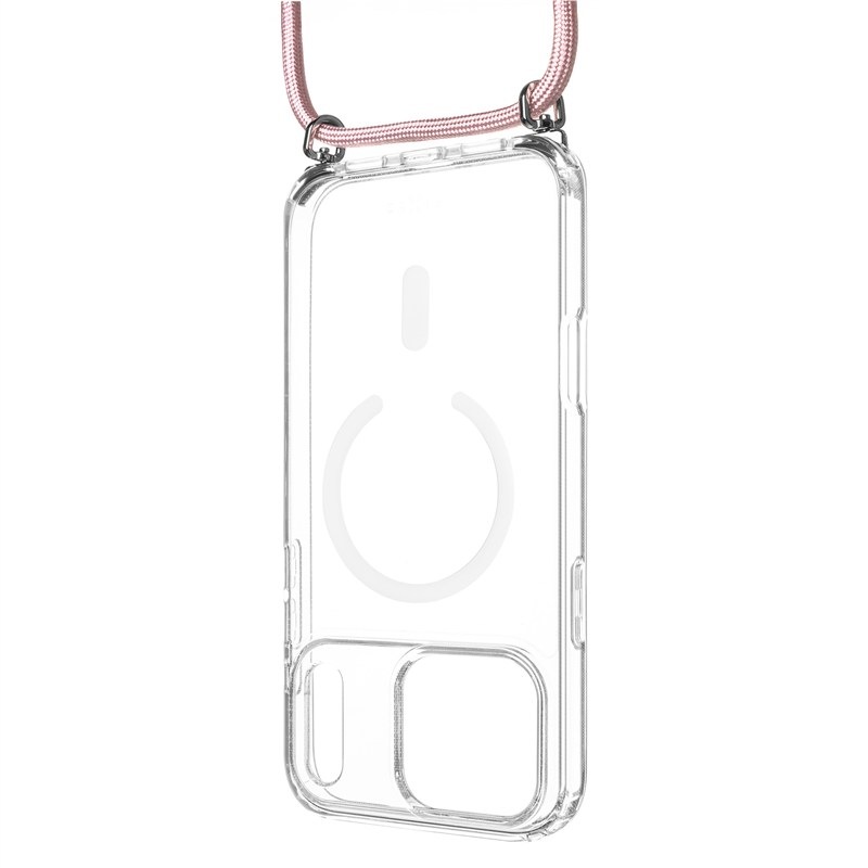 Kryt na mobil FIXED MagPure Neck s ružovou šnúrkou na krk na Apple iPhone 17 Pro - priehľadný