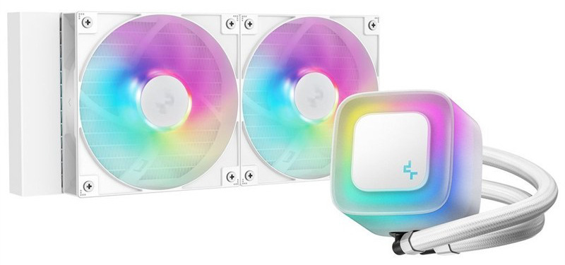 Vodný chladič DeepCool LE240 V2 White biely Foto vodného chladiča s pumpou, hadicami a zapnutými ARGB ventilátormi.