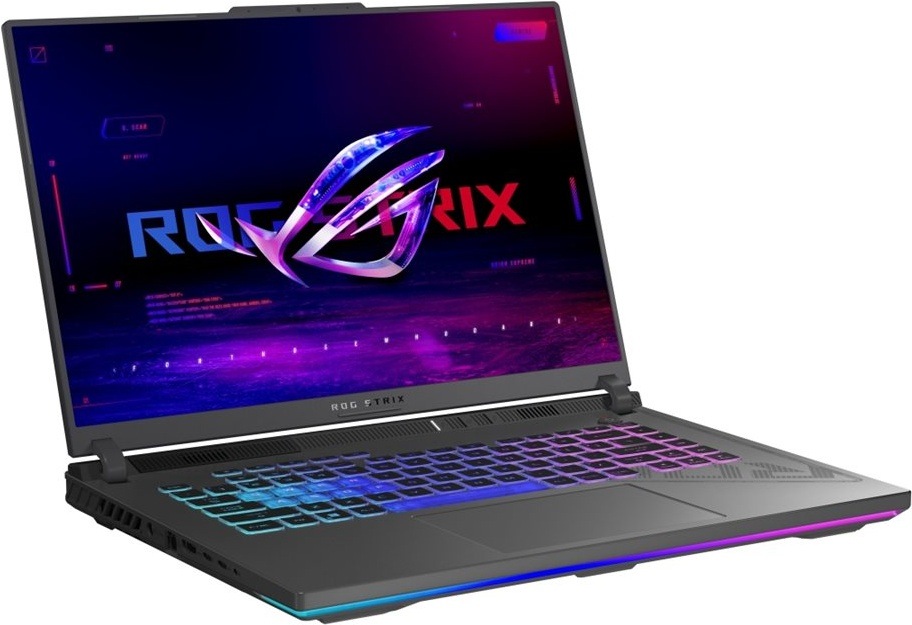 ASUS ROG Strix G16 z bočného uhla so zameraním ostrý displej s bohatými farbami