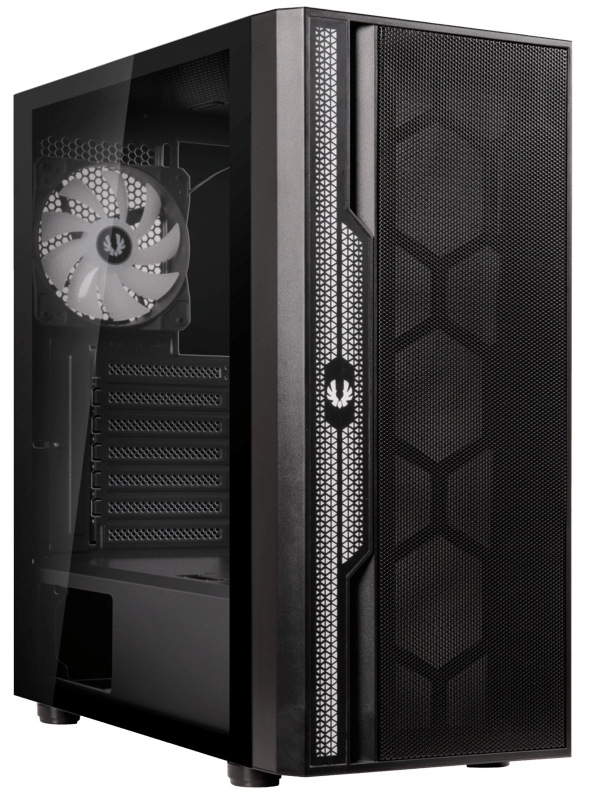 Case BitFenix Apollo čierna Pohľad do prázdnej PC skrine cez presklený bok. Je vidieť zadný ventilátor a časť vnútrajška skrine.