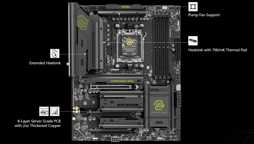 Základná doska MSI MAG B850 TOMAHAWK MAX WIFI Pokročilé chladenie bráni prehrievaniu zostavy