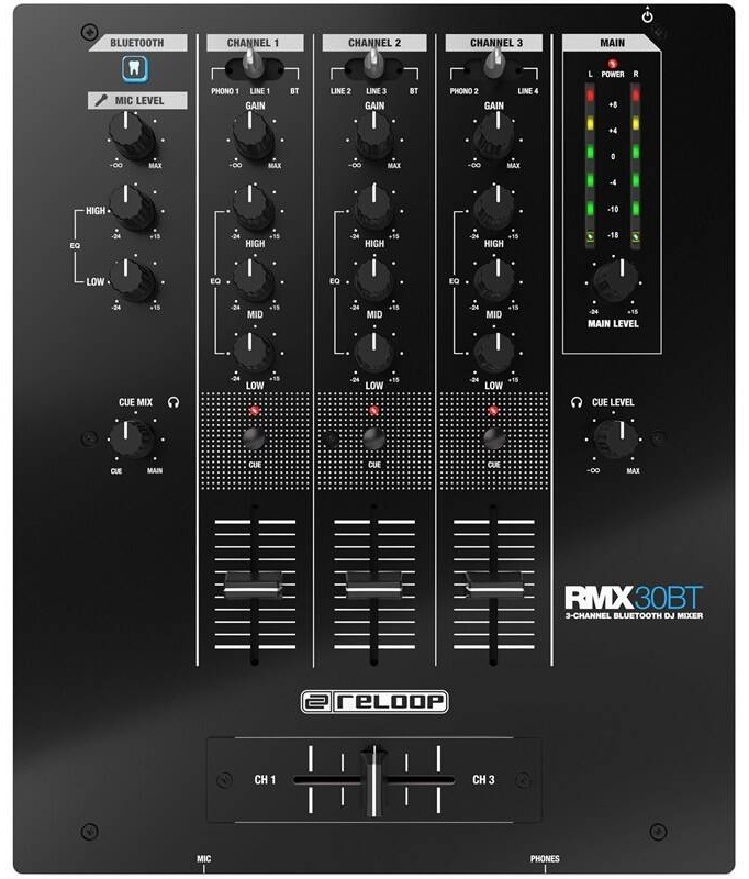 Mixážny pult Reloop RMX-30 BT v čiernom prevedení s trojkanálovým ovládaním a Bluetooth