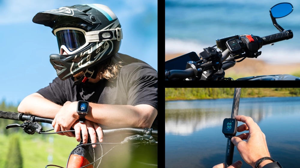 Koláž použitia diaľkového ovládača Insta360 GPS/MIC na zápästí, riadidlách motocykla a selfie tyči
