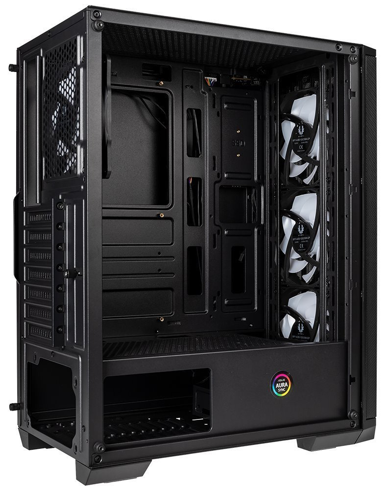Case BitFenix Nova Mesh SE TG ARGB čierna Bočný pohľad do skrine, ilustrujúcej vnútorný priestor a uloženie ventilátorov.