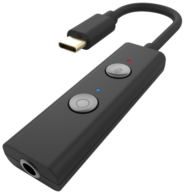 Na snímke je zachytená karta. Čierna obdĺžniková krabička s dvoma tlačidlami a diódami - červenou a modrou. Zo spodnej strany krabičky je 3,5 mm port na pripojenie slúchadiel, z druhej strany je kábel, ktorý má na svojom konci USB konektor.