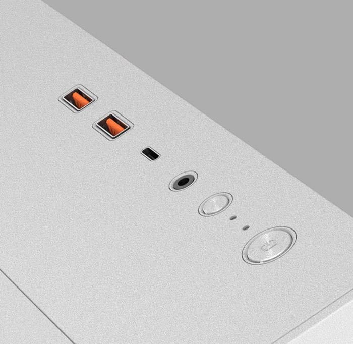 Case Cougar FV150 RGB Dual-Chamber čierna Detail horného panelu I/O skrine počítača s 1 portom USB typu C, 2 portami USB 3.0, tlačidlom napájania a tlačidlom LED/reset.