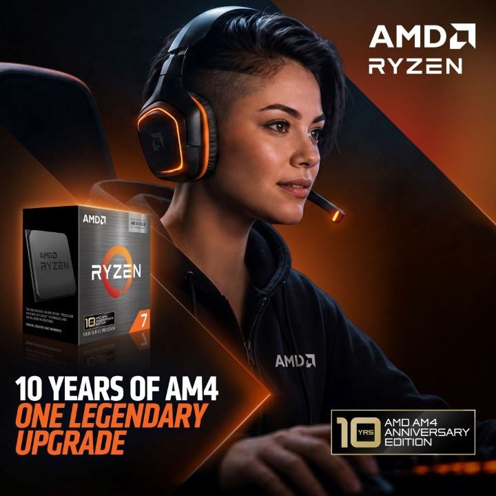 Procesor AMD Ryzen 7 5800X3D Anniversary Edition AMD Ryzen 7 5800X3D 10th Anniversary Edition reklamný vizuál s balením procesora a hráčkou s hernými slúchadlami.