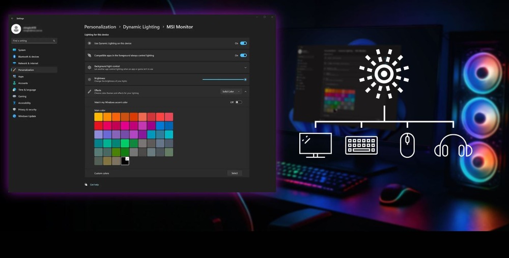 Herný monitor MSI MPG 272QRF X36 s nastavením RGB osvetlenia a funkcií v aplikácii MSI
