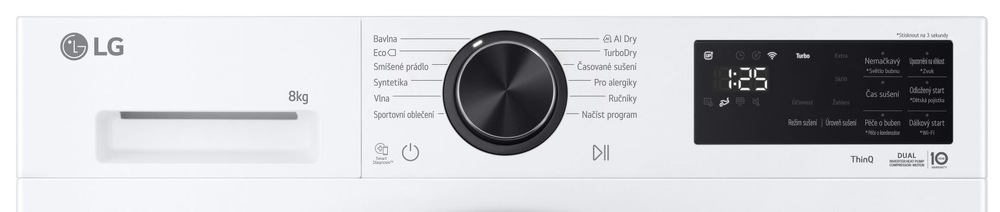 ovládací panel sušičky LG RHX5008TLB v slovenskom jazyku, svieti čas 1:25