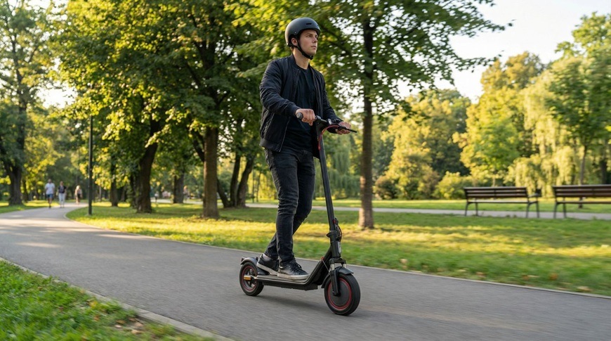 Elektrická kolobežka Sencor SCOOTER S31 čierna Muž prechádza parkom na elektrickej kolobežke Sencor SCOOTER S31.