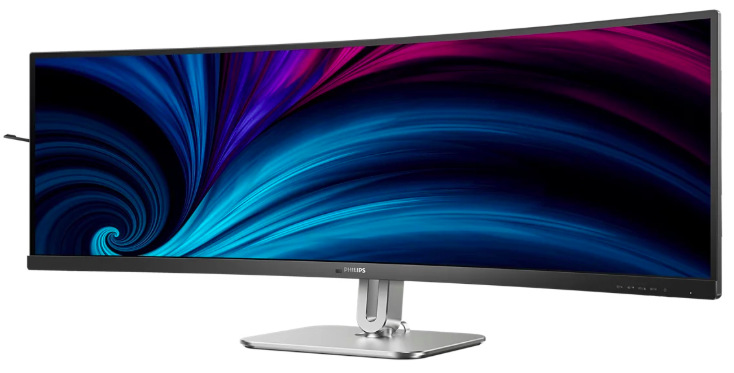 Prehnutý monitor Philips 49B2U5900C z predného bočného pohľadu na striebornom stojane