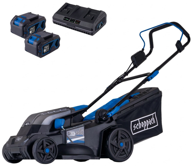 Akumulátorová rotačná kosačka Scheppach BC-MP380-X-SET XL2 s dvoma batériami a nabíjačkou