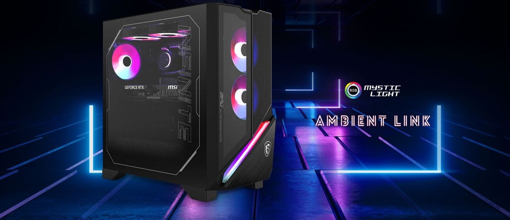 Herný počítač s RGB osvetlením ventilátorov a skrine stojí v tmavej miestnosti s neónovo modrými odleskami. Zobrazujú sa nápisy „Mystic Light“ a „Ambient Link“.