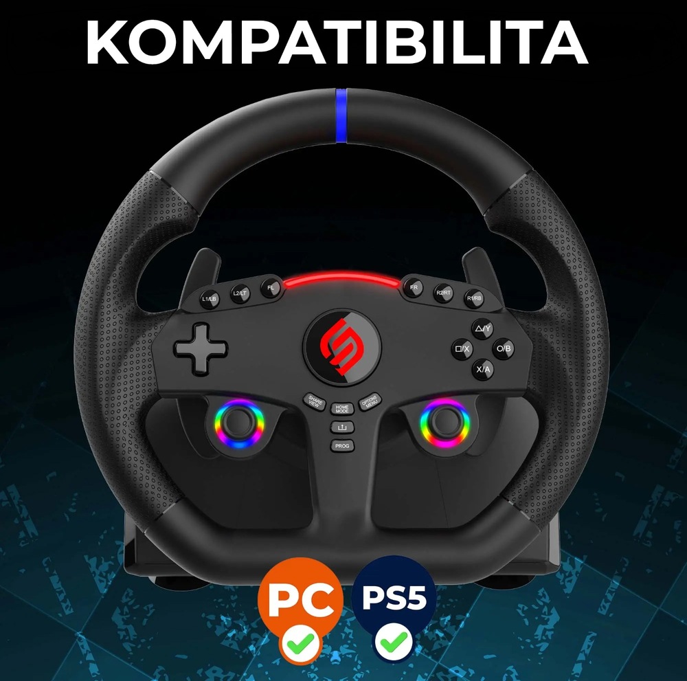 Čierny herný volant s farebnými tlačidlami a logom uprostred. Text spoločne s ikonami a zaškrtávacími políčkami PC a PS5 vyjadruje kompatibilitu s týmito hernými platformami.