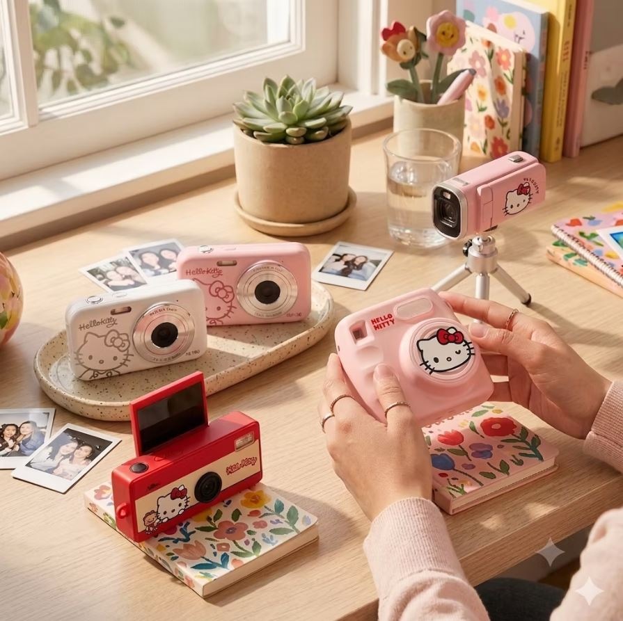 Digitálny fotoaparát Yashica x Hello Kitty DZ-100 biely Ruka používa fotoaparát Yashica x Hello Kitty DZ-100
