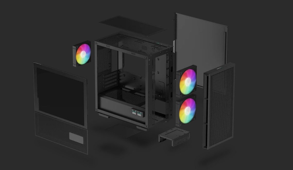 Case DeepCool CH360 Digital čierna Rozložený pohľad na počítačovú skriňu s oddelenými komponentmi na tmavom pozadí, s RGB ventilátormi v žiarivých odtieňoch.