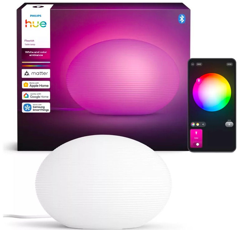 Stolové svietidlo Philips Flourish Hue table EU/UK 1xA60 WCA biele/sklo Philips Flourish s balením a telefónom zobrazujúcim nastavenie farby v aplikácii Hue