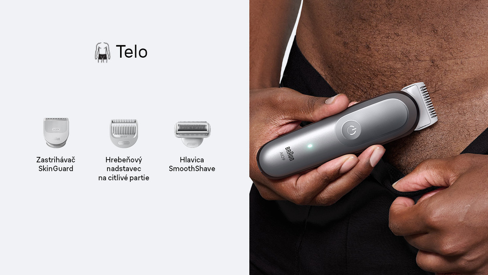 Zastrihávač multifunkčný Braun Series 9 AIO9500 sivý Na obrázku je detail doživotne ostrého britu ProBlade, ochrana pokožky SkinGuard minimalizujúca poranenie pokožky.
