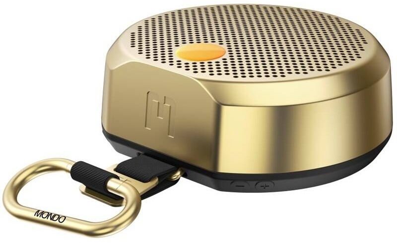 Zlatý prenosný reproduktor Mondo Speaker Small s karabínou a oranžovým detailom