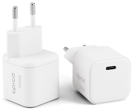 Nabíjačka do siete Epico UltraBoost Micro AVS GaN 100W biely Biely napájací adaptér Epico UltraBoost Micro AVS GaN 100W zobrazený z viacerých uhlov s USB-C portom