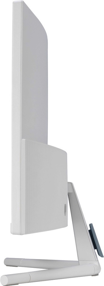 Monitor Asus VU34WCIP-W biely Na obrázku je monitor Asus VU34WCIP-W 34" v bielom prevedení z bočného pohľadu. Dobre je vidieť prehnuté telo širokouhlého displeja, svetlý zadný kryt a vystúpená stredová časť pre uchytenie k stojanu. Monitor stojí na bielom trojramennom podstavci s dlhými štíhlymi nohami. Snímka zdôrazňuje zak.