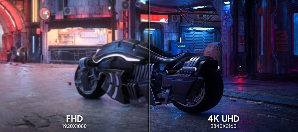 Herný monitor Samsung Odyssey G7 (G70F) čierny Rozdelená obrazovka porovnávajúca scény s motocyklami v rozlíšení Full HD a 4K UHD. Vľavo: Rozmazaný s teplými tónmi, označené FHD 1920×1080. Vpravo: Ostrý, detailné, studené tóny, označené 4K UHD 3840×2160.