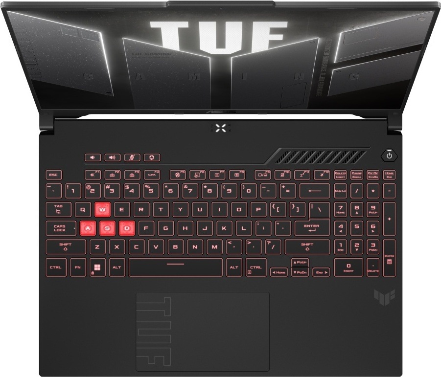 Notebook Asus TUF Gaming A16 čierny/sivý Pohľad zhora na klávesnici notebooku Asus s podsvietením a numerickým blokom