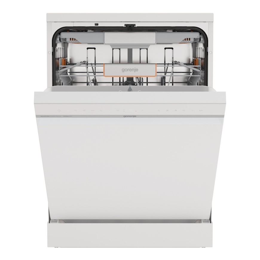 Na obrázku je pootvorená umývačka značky Gorenje GS673A97W, ktorá pojme až 16 súprav riadu