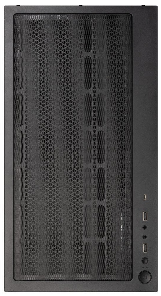 Case BitFenix CETO Cube čierna Pohľad zhora na skriňu. Je zobrazená vetracia mriežka a porty pre pripojenie externých zariadení na bočnej hrane.