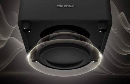Soundbar Hisense HT Saturn čierny Detailný záber na 6,5" subwoofer.