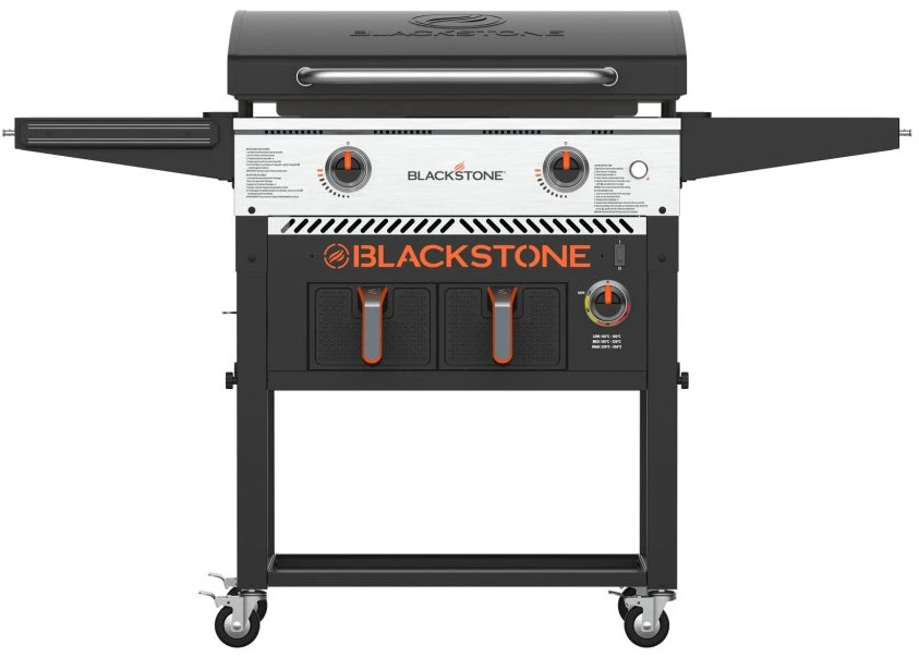 Gril záhradný plynový Blackstone 28" Griddle BS-1785 Blackstone 28" griddle – pohľad spredu s ovládacími gombíkmi a dvierkami na propán.