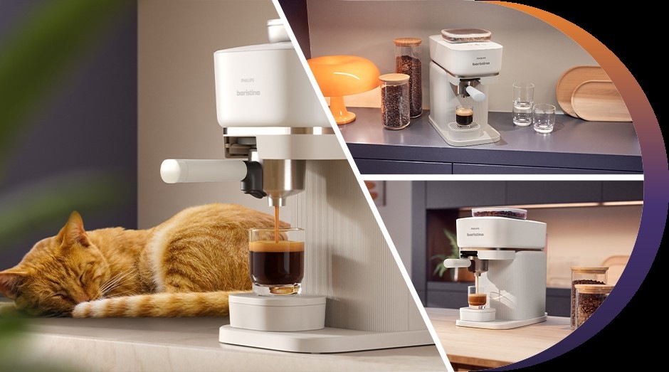 Automatický kávovar Philips Baristina BAR300/00 biely Pákový kávovar Philips BAR300/00 Baristina na kuchynskej linke varí kávu a vedľa spiaca mačka