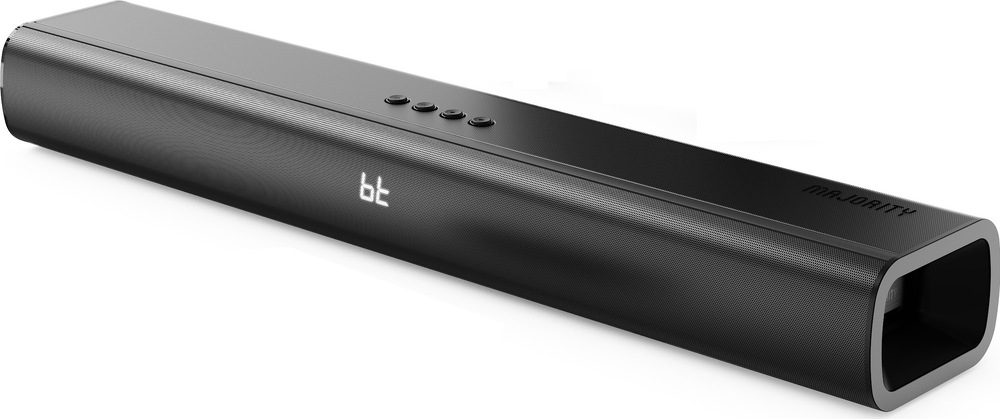 Čierny soundbar Majority Naga 60 Plus s čelným LED displejom a tlačidlami na hornej strane.
