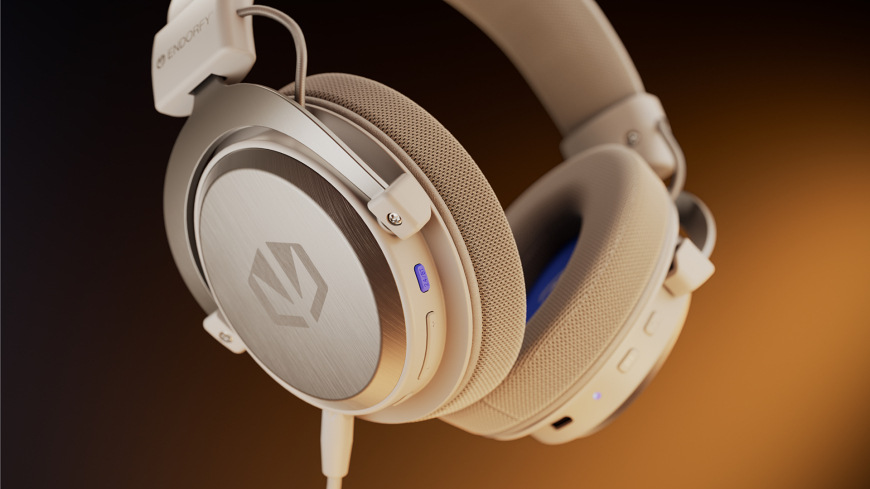 Headset ENDORFY VIRO Infra Wireless Onyx White biely Detail náušníka, ovládania a konektorov headsetu ENDORFY VIRO Infra Wireless Onyx White