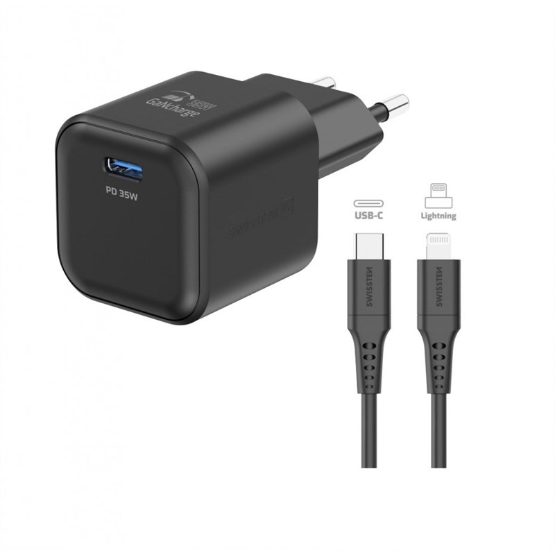 Nabíjačka do siete Swissten GAN 1x USB-C 35W PD + Dátový kábel USB-C/Lightning 1,2 M čierna